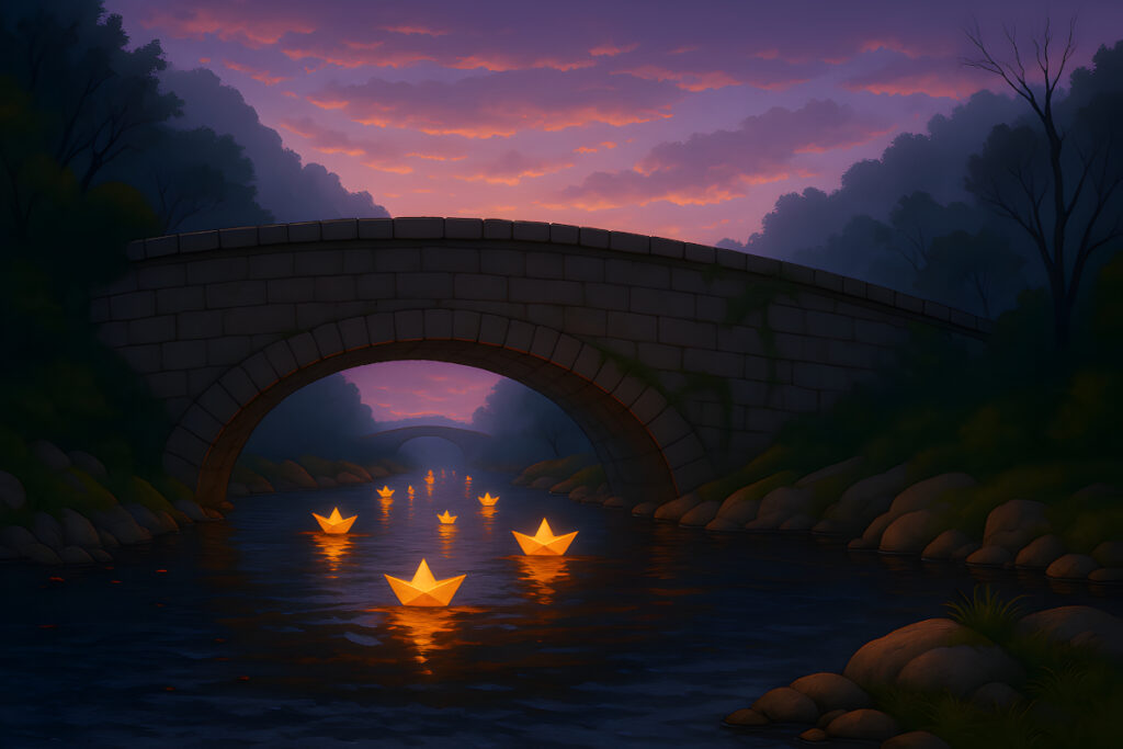 A twilight river with glowing paper boats drifting beneath a stone bridge, in a calming bedtime story scene.