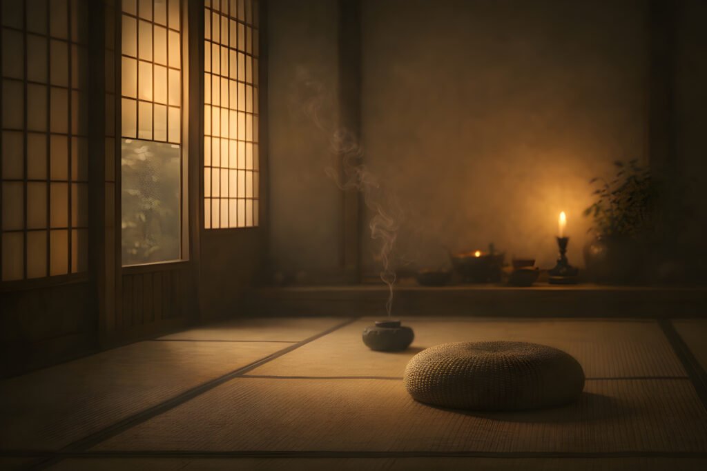 Clouds Resting on the Temple Roof interior meditation room with tatami floor, incense smoke, and warm evening light