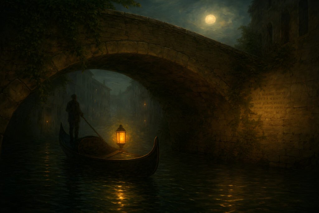 Drifting Through the Canals of Venice landscape image of a gondola beneath a moonlit stone bridge with ancient faded wall text