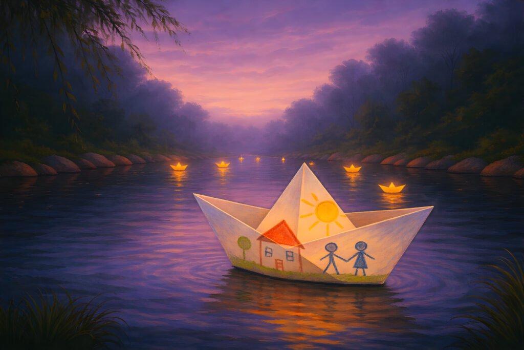 Paper Boats on the River of Time landscape image of a child’s drawing paper boat drifting at twilight on a calm river