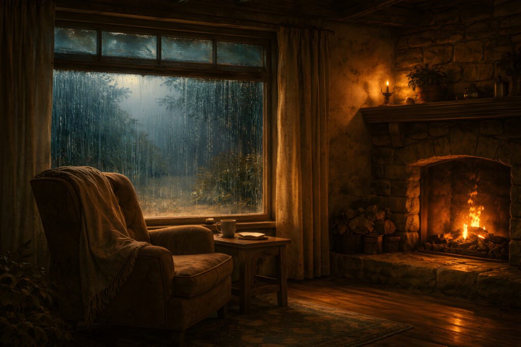 Firelight Beneath the Singing Roof Raindrops on the Copper Roof interior scene with firelight and rain-streaked window in a countryside house
