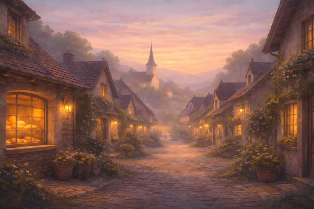 Dawn Light in the Village The Bird That Dreamt in Colours village street at dawn with pastel sky and glowing shop windows