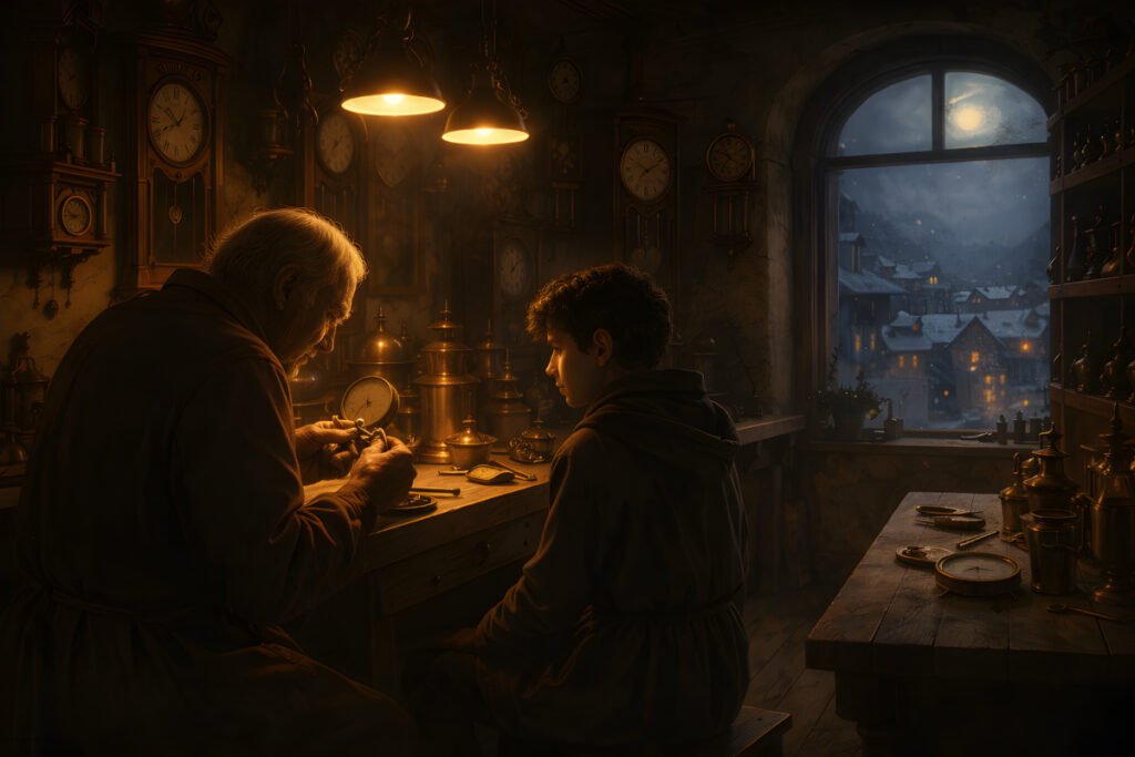 The Clockmaker’s Apprentice – Workshop at Night The Clockmaker’s Apprentice workshop scene with master and apprentice repairing clocks in a tower at night