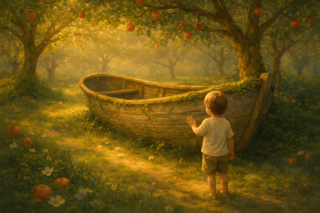 The Old Boat in the Orchard landscape illustration of a child discovering a weathered rowboat beneath apple trees