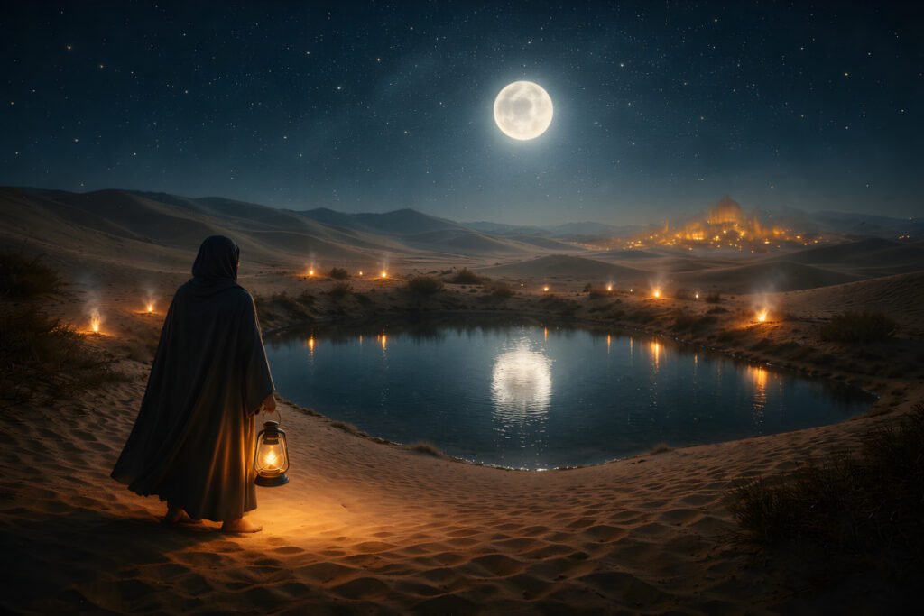 The Sand Dunes of Samarkand landscape showing a lone traveller with lantern beside a moonlit desert pool and distant glowing city