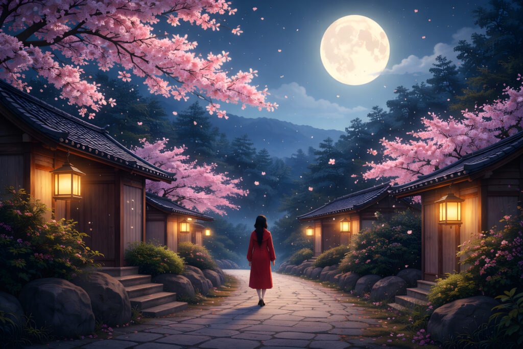 Under the Sakura Moon landscape image of a woman walking through a lantern-lit Japanese village beneath cherry blossoms and a full moon