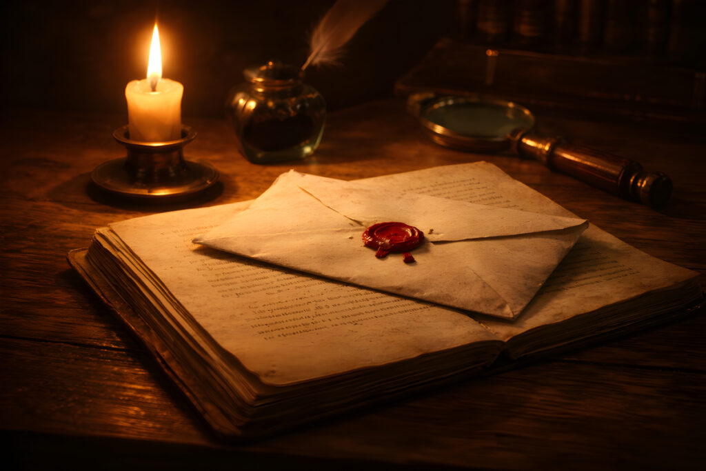 A Letter from the Year 1402 – Sealed Letter and Manuscript A Letter from the Year 1402 sealed envelope resting on an old book with candlelight and writing tools