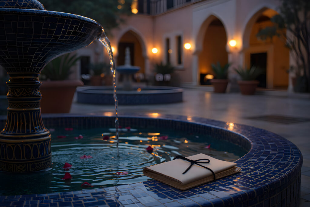 A Table for One in Casablanca fountain scene with flowing water and a notebook resting beside a tiled basin at evening