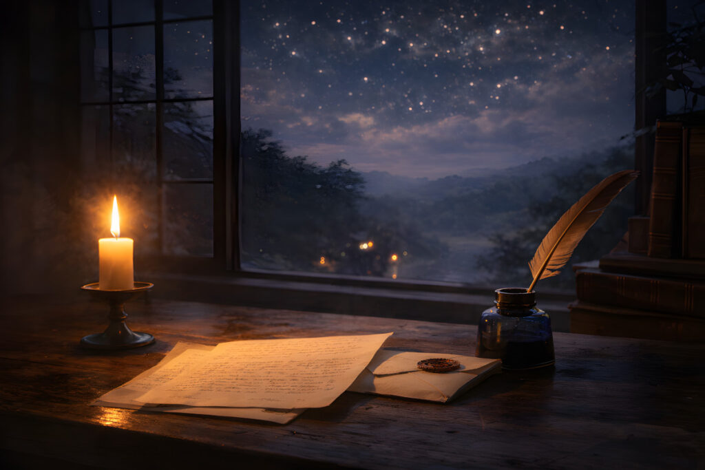 Echoes Before Dreams candlelit desk with handwritten letter ink bottle and starlit window