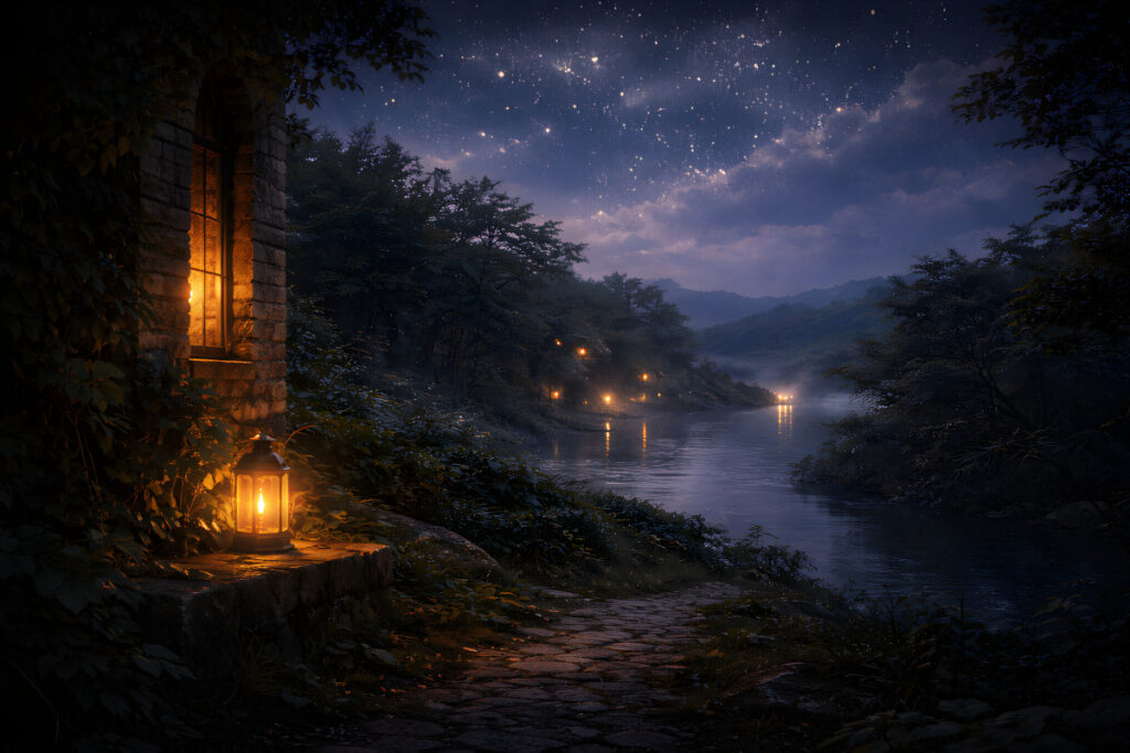 Echoes Before Dreams quiet night river landscape with lantern and distant glowing lights
