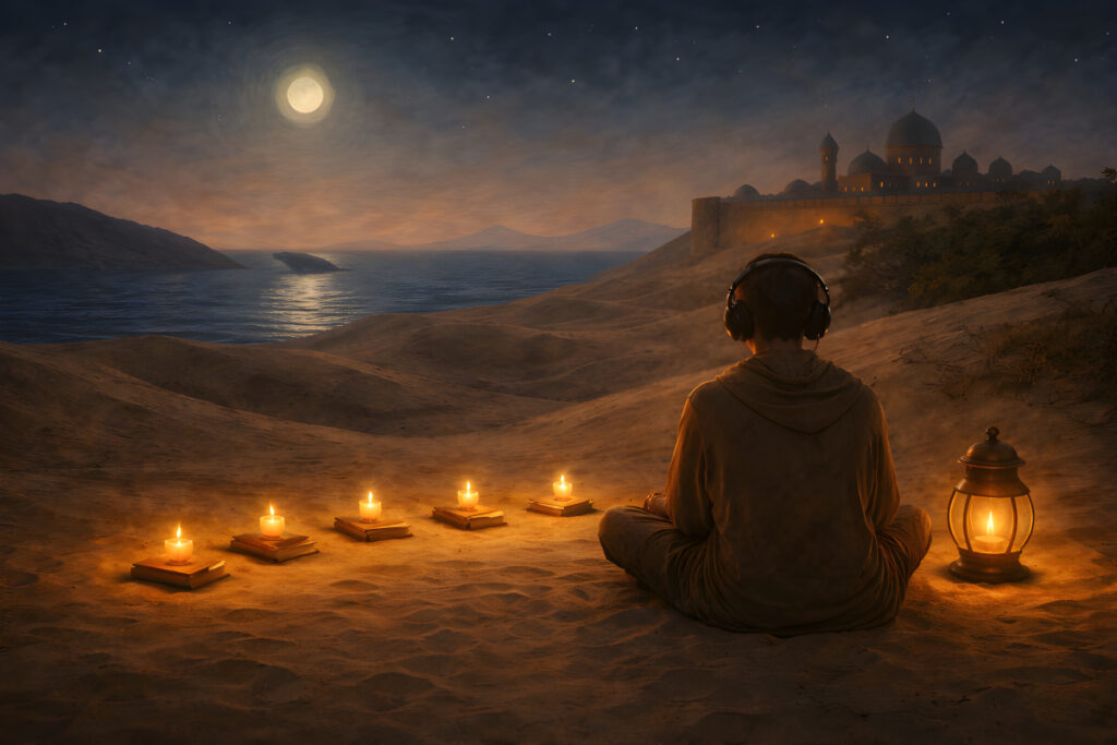 Embers Before Dreams listener sitting on desert dune with headphones beside lantern and five glowing books under moonlit night sky