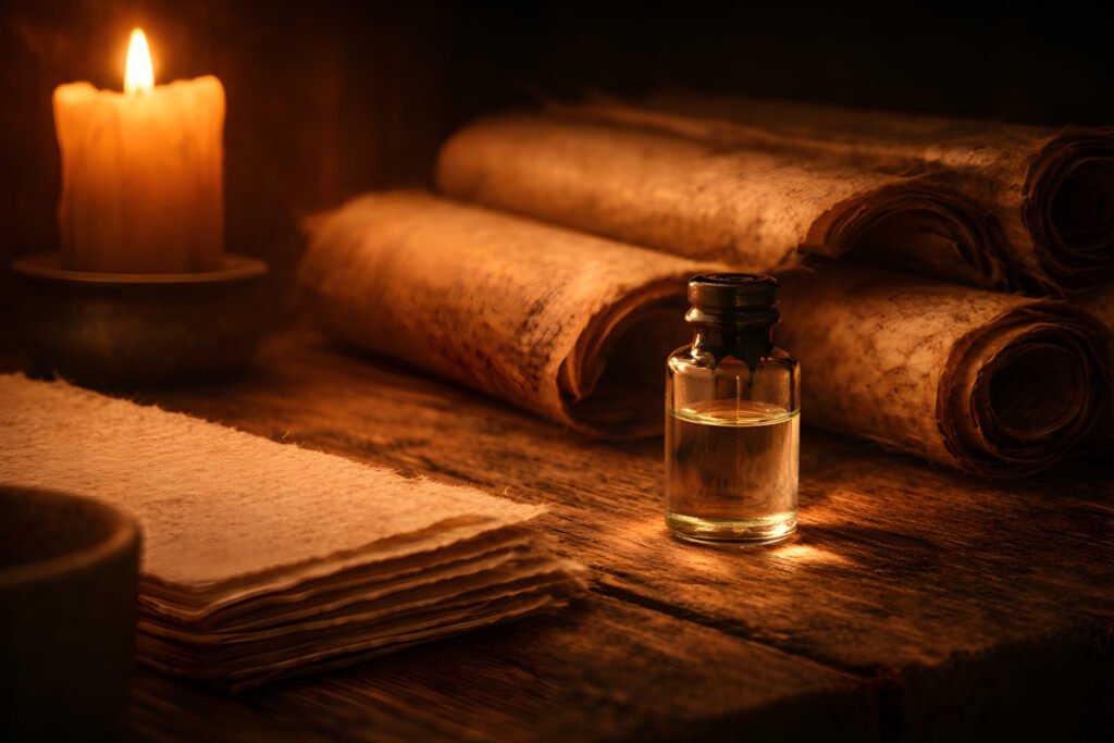 Ink in the Shape of Silence glass vial on wooden table with scrolls and candlelight