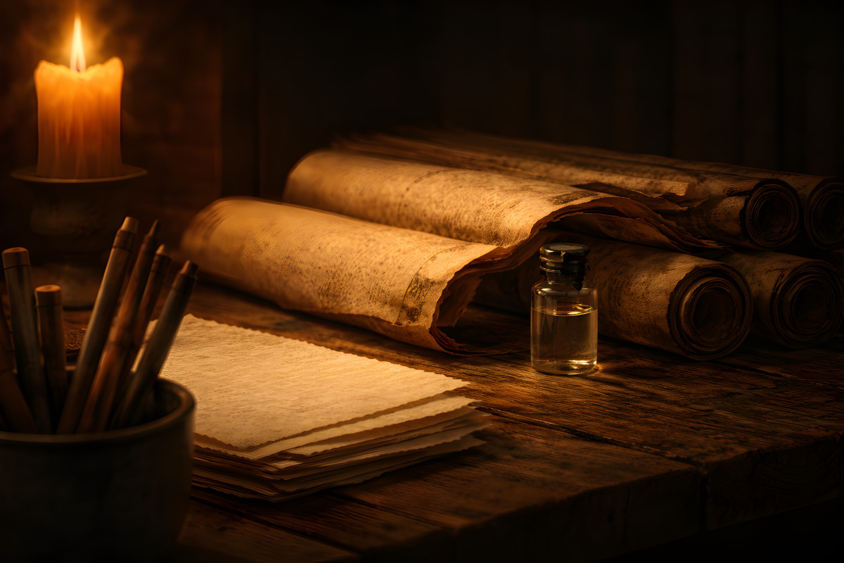 Ink in the Shape of Silence glass vial hidden among scrolls in a candlelit monastery chamber