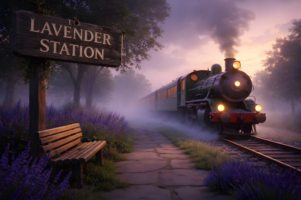 The Train to Lavender Station arriving at a misty countryside platform with a wooden Lavender Station sign