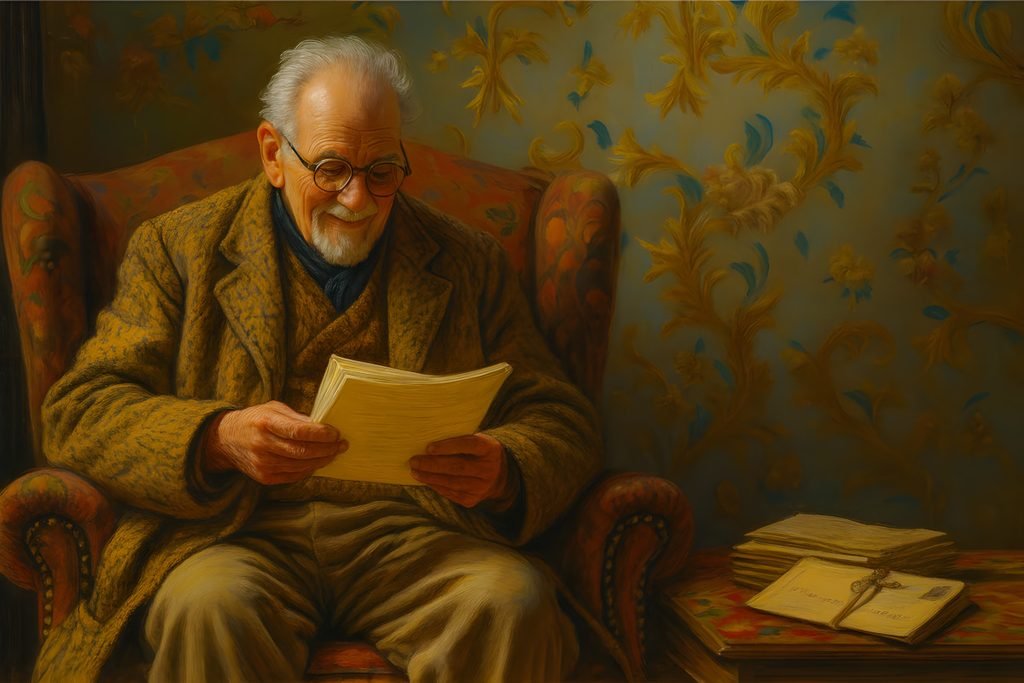Letters from the Old Postmaster – elderly man reading a handwritten letter in a quiet armchair under warm light