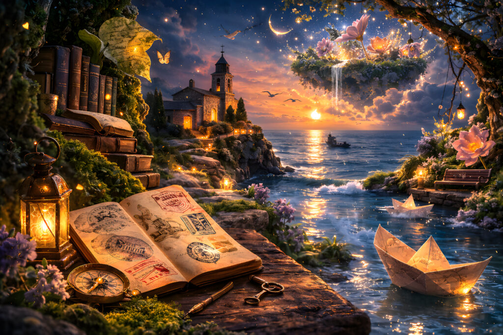 Mirrors Before Dreams featured image showing a twilight coastal monastery, glowing paper boats on the water, a travel passport with stamps, and a floating starlight garden in the sky.
