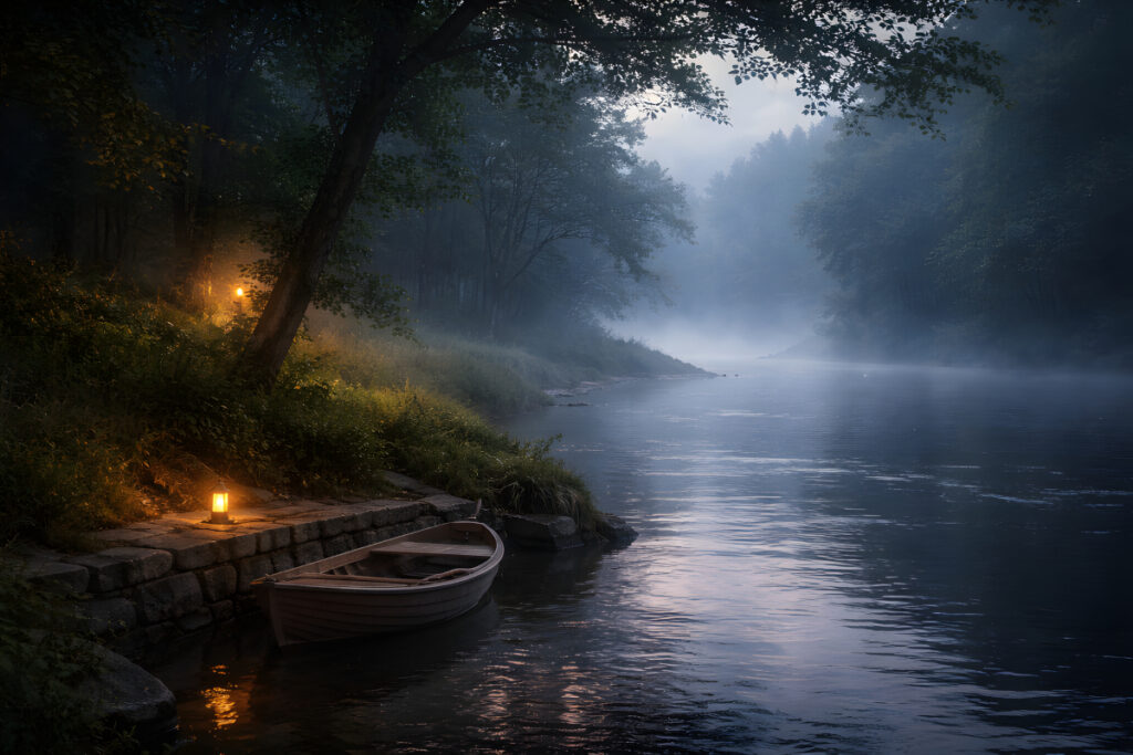 Stories to fall asleep to that gently quiet the mind misty river with lantern and boat