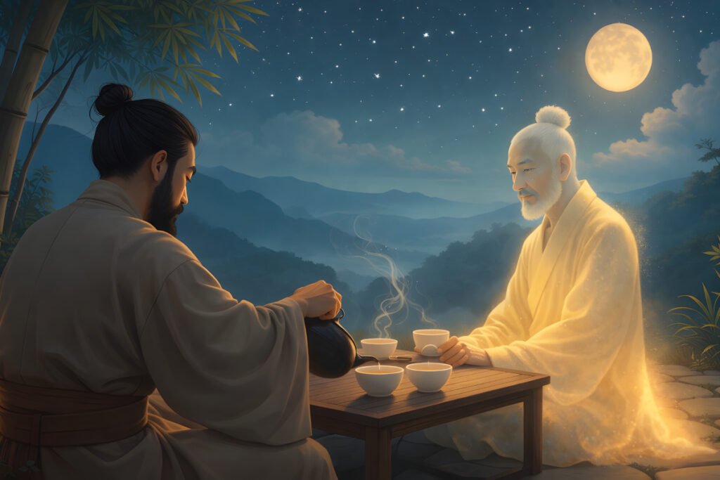 Tea with the Emperor's Ghost landscape scene of a scholar pouring tea for a fading emperor on a moonlit hillside terrace