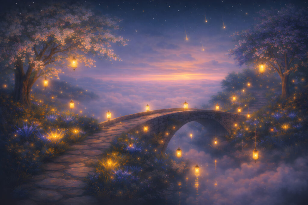 The Garden of Starlight lantern bridge above the clouds at twilight