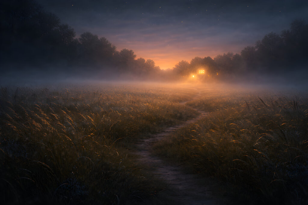 The House at the Edge of Asleep misty field with distant glowing horizon at twilight