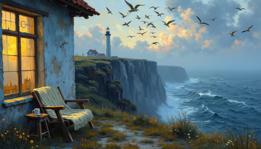 The Keeper's Last Watch coastal lighthouse across cliffs seen from cottage window at dusk