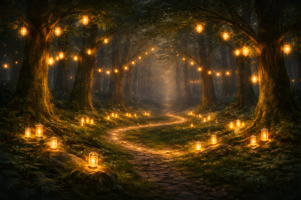 The Lantern Trail Within The Sanctuary The Lantern Lit Sanctuary glowing lantern trail in a forest clearing at dusk