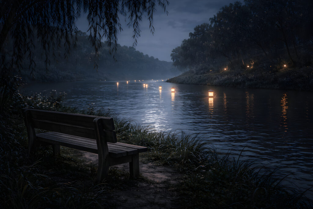 The Lanterns of Lost Tomorrows empty bench beside a moonlit river with distant lanterns