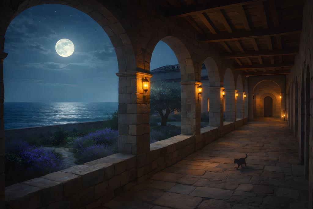 The Monastery by the Sea cloister walk overlooking the moonlit ocean