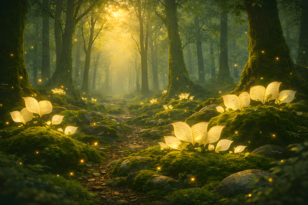The Moss Library – Where Stories Grow The Moss Library glowing story leaves growing from moss along a quiet forest path with fireflies in golden twilight