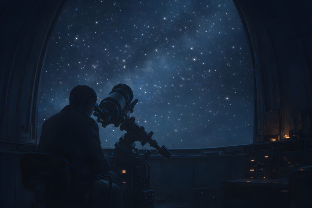 The Observatory That Watched Back astronomer observing the night sky through a telescope inside a quiet dome