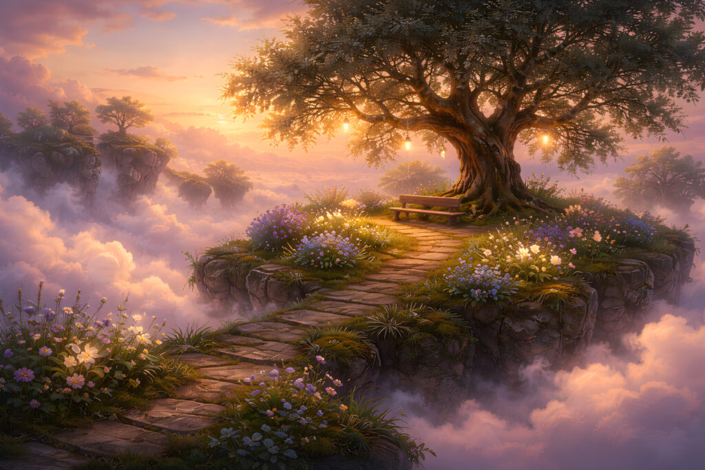 The Passport of Forgotten Places floating sky garden with an ancient olive tree, stone path, and quiet bench above a sea of clouds at golden evening light.