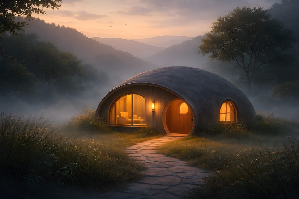 The Room without Corners dome house at dusk with glowing windows and misty landscape