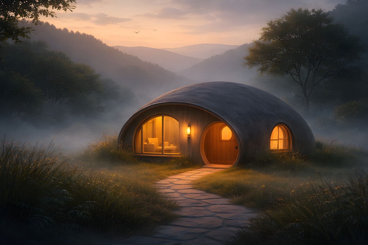 The Room without Corners dome house at dusk with glowing windows and misty landscape