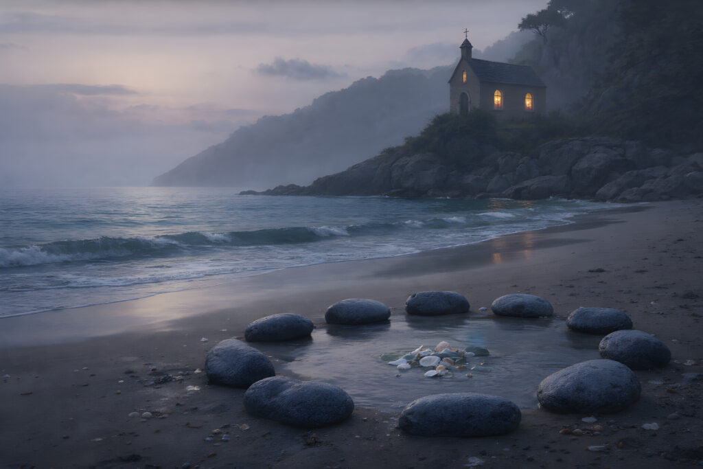 The Whale Beneath the Chapel — The Listening Circle The Whale Beneath the Chapel — a quiet stone circle of smooth coastal rocks arranged on wet sand beneath a glowing cliffside chapel at dawn.