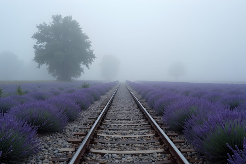 Railway tracks through lavender fields in mist from The Train to Lavender Station