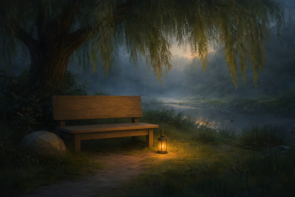 Beneath the Willow's Gaze – wooden bench and lantern under a willow tree beside a misty pond at dusk