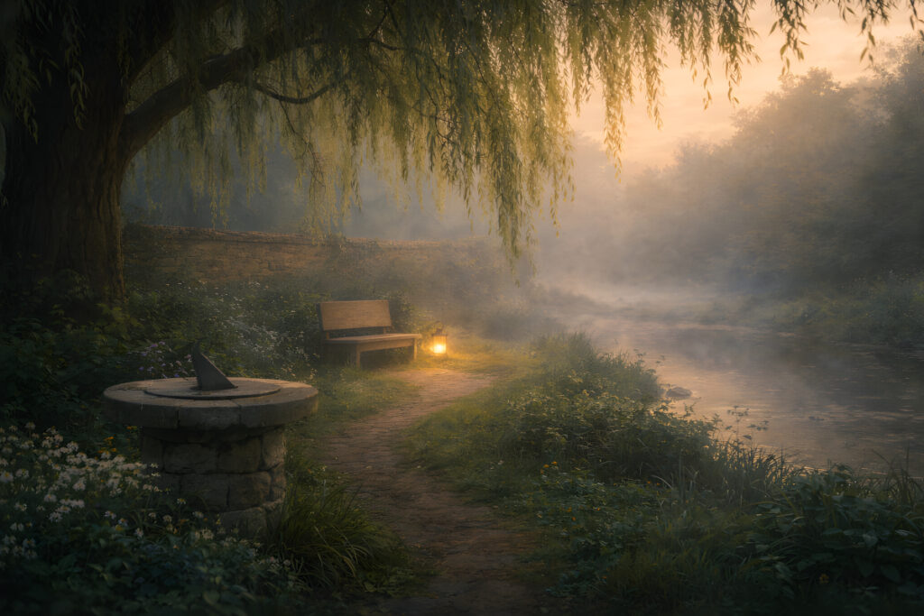Beneath the Willow's Gaze – wooden bench beneath a willow tree with soft lantern light and morning mist