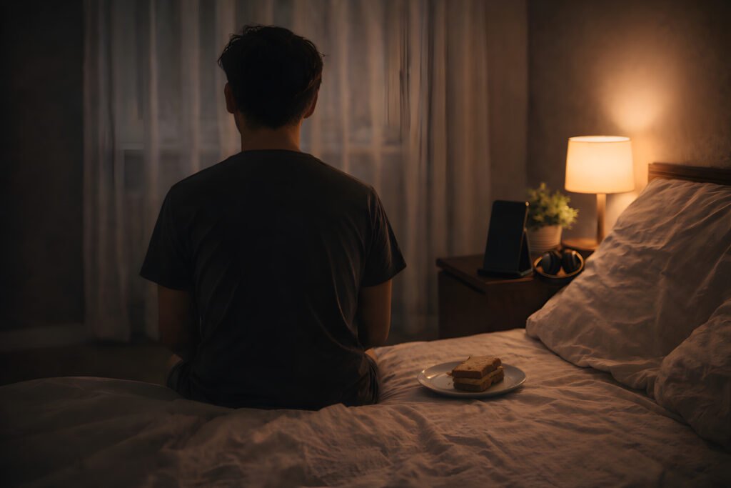 Insomnia and eating pattern with person sitting awake on bed at night