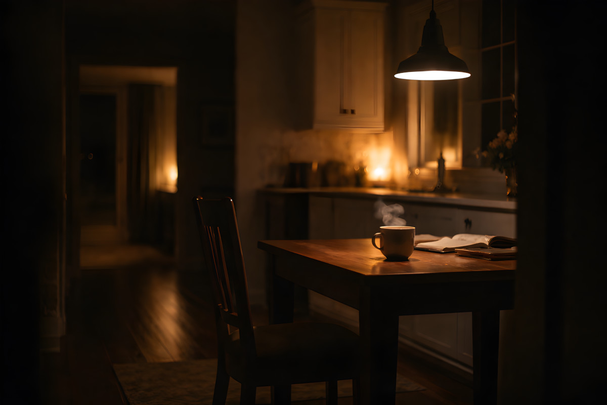 Switch Off at Night – Quiet Kitchen Scene softly lit kitchen at night with a warm lamp, steaming tea and an empty chair, representing the feeling of trying to switch off at night
