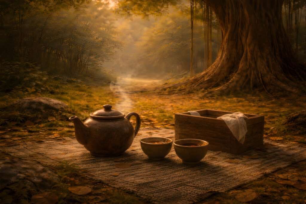 Tea Beneath the Banyan Tree teapot and cups resting on cloth beneath warm forest light