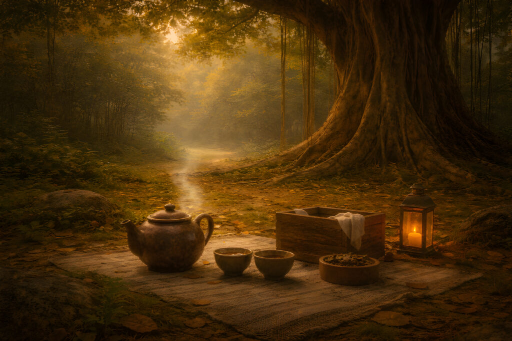 Tea Beneath the Banyan Tree tea set resting after ceremony beneath ancient tree roots