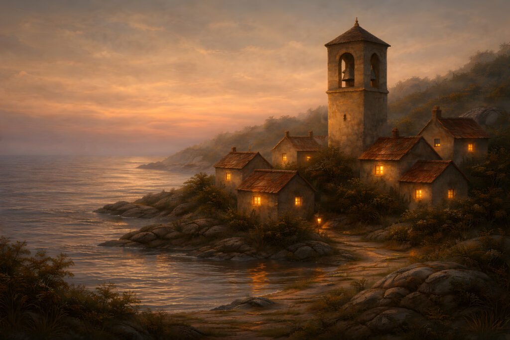 The Bell that Rings at Dusk coastal village path with glowing cottages and bell tower at sunset