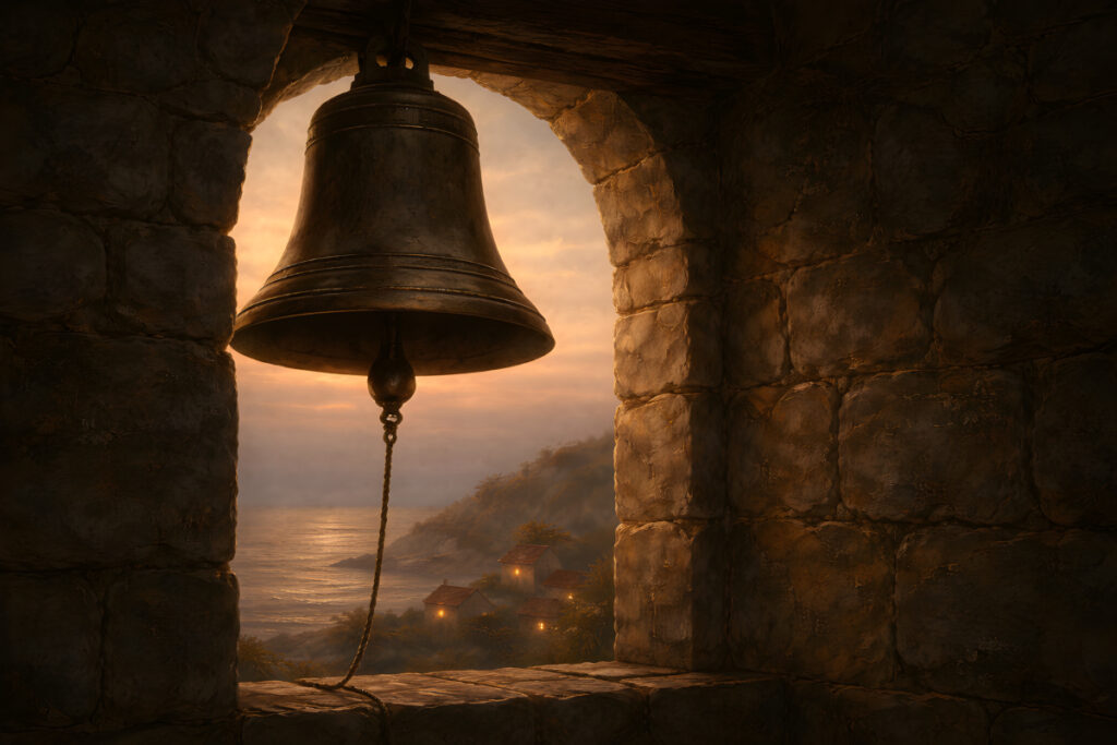 The Bell that Rings at Dusk – The Silent Bell at Dusk The Bell that Rings at Dusk bronze bell inside a stone tower at sunset overlooking the sea