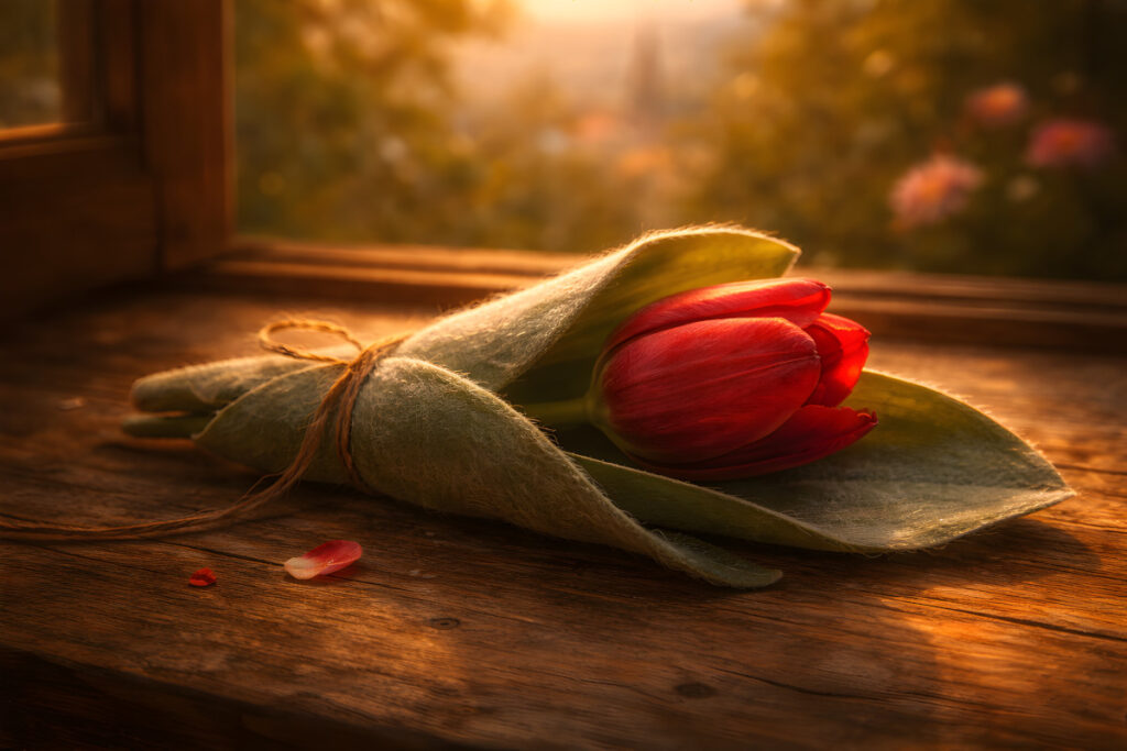 The Florist who Named the Wind single red tulip wrapped in leaf in warm window light