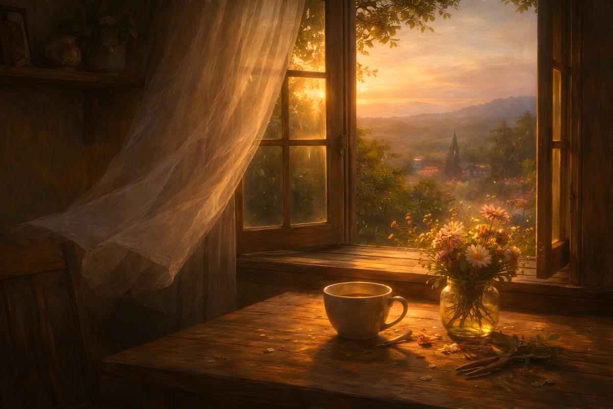 The Florist who Named the Wind – Evening in the Cottage The Florist who Named the Wind quiet cottage interior with open window and tea at dusk