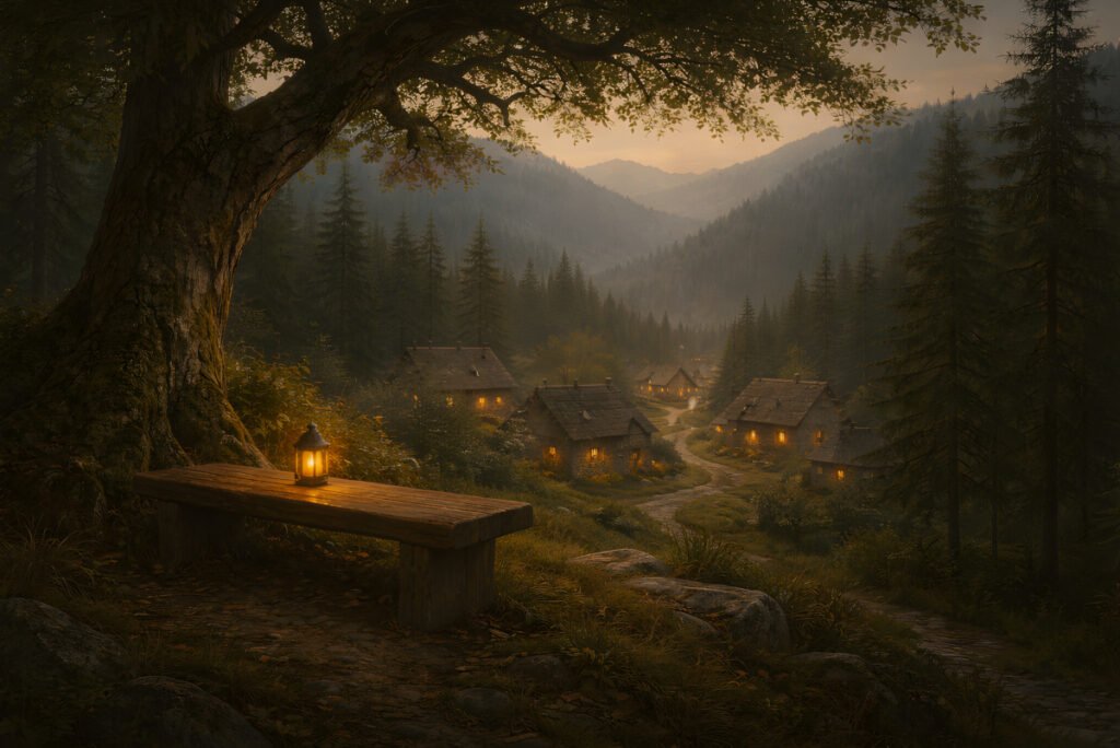 The Mountain that Remembers – wooden bench beneath an ancient tree overlooking a quiet mountain village at dusk
