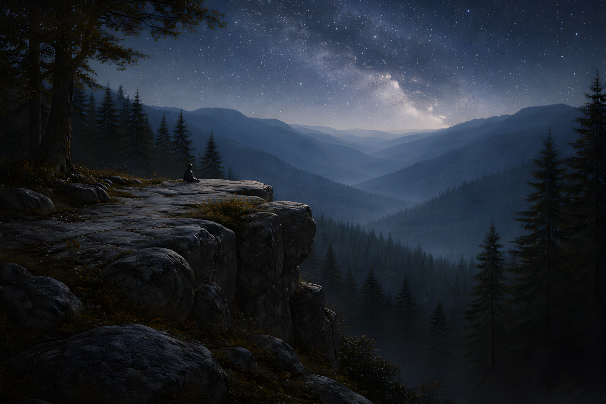 The Mountain that Remembers – granite promontory overlooking a vast mountain valley beneath a clear star-filled night sky