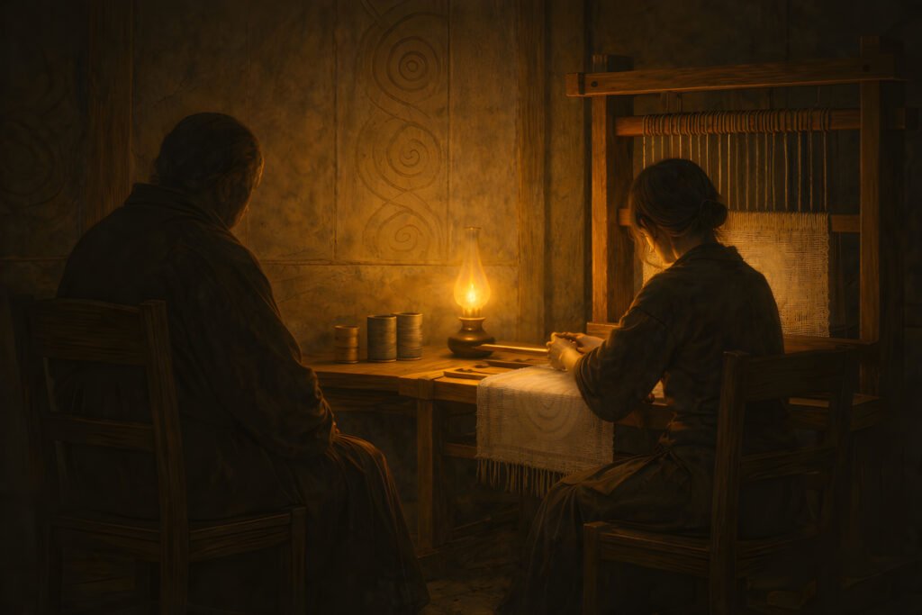 The Weaver of the Ninth Temple weaving at night beside a visitor in a softly lit temple room
