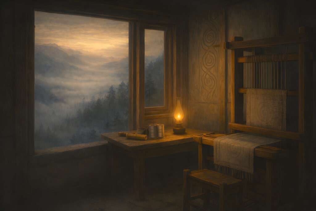 The Weaver of the Ninth Temple weaving room with loom, oil lamp, and mountain view through the window