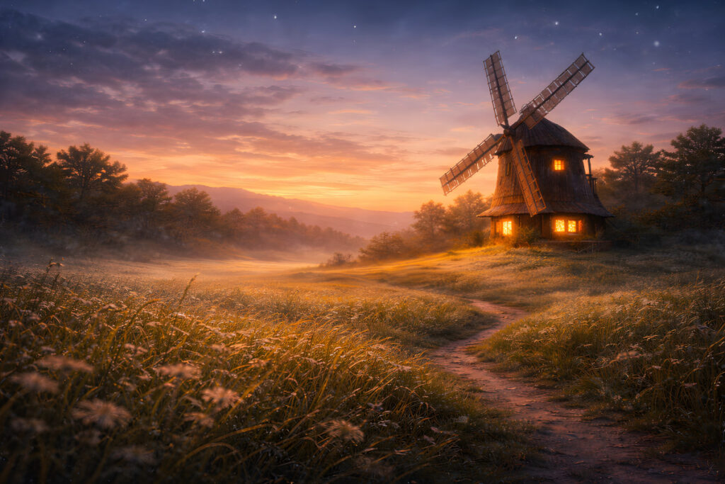 The Windmill’s Watch glowing windmill at twilight in a peaceful meadow with a winding path and soft evening sky